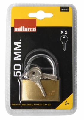 Millarco® hængelås med 3 nøgler 50 mm messing
