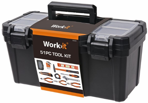 Work>it® værktøjssæt med værktøjskasse og 51 dele